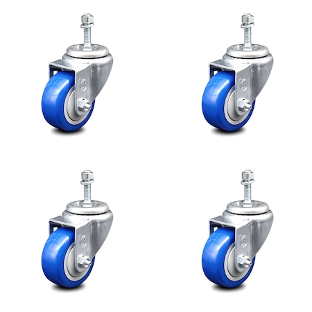Service Caster 3 Inch Blue Polyurethane Wheel Swivel 10mm Threaded Stem Caster Set SCC SCC-TS20S314-PPUB-BLUE-M1015-4
